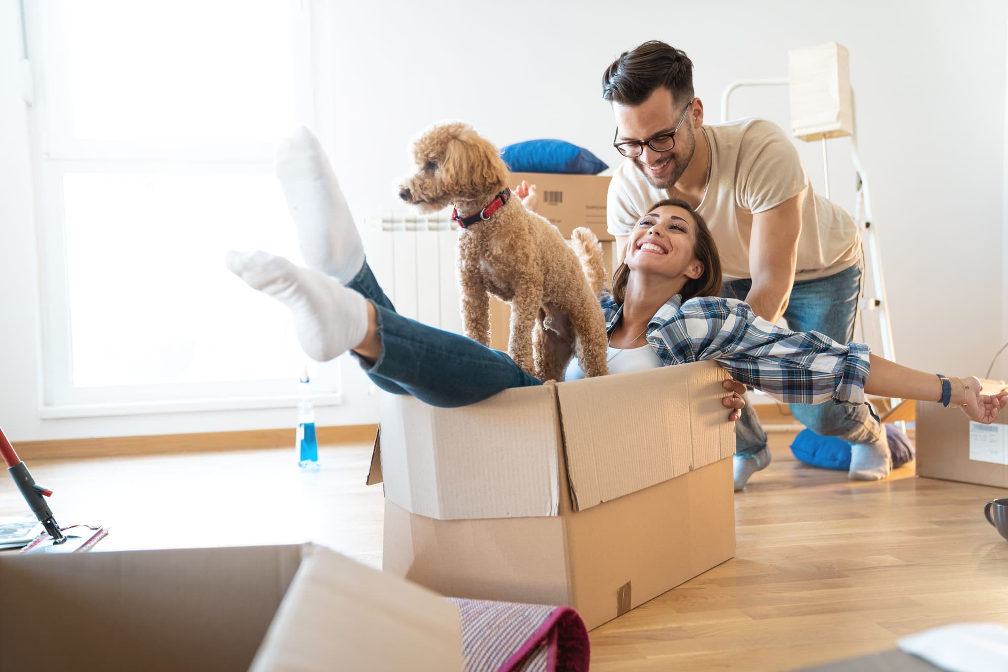 Happy couple in moving box's